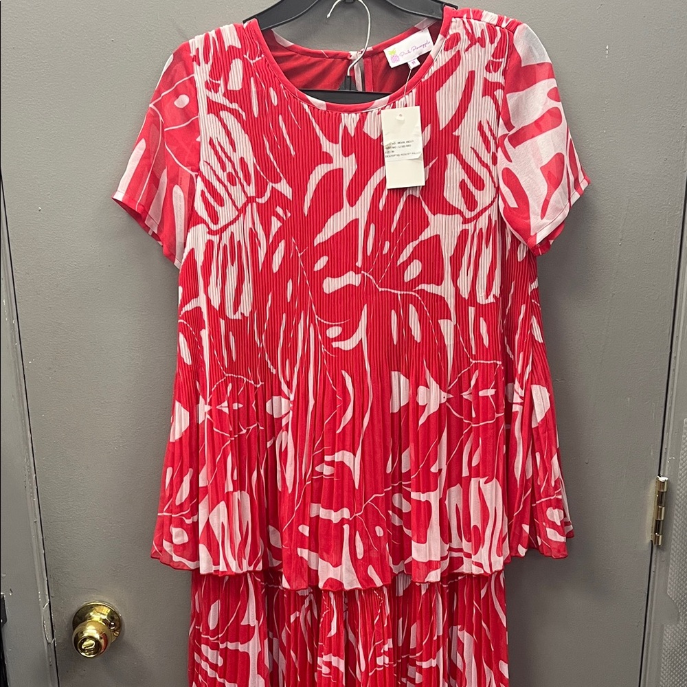 Red and White Pleated Women's Dress